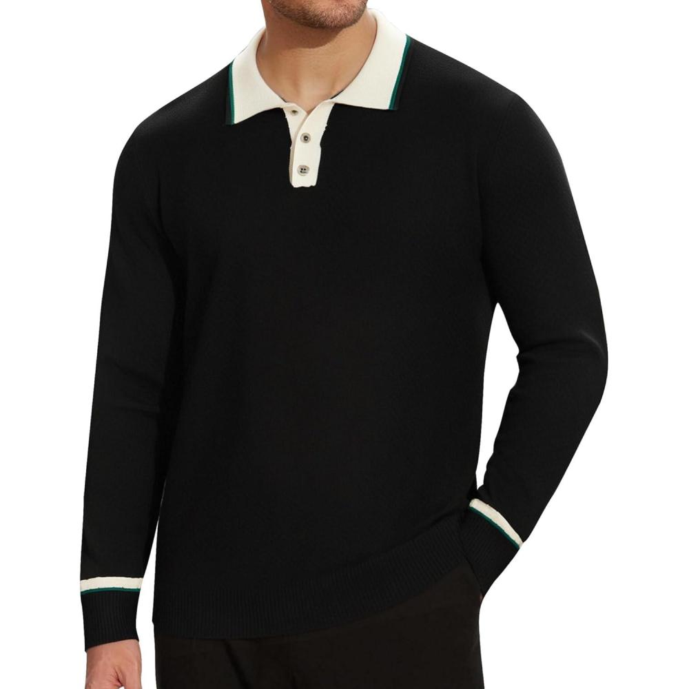 imageAlex Vando Mens Knit Polo Shirts Long Sleeve Sweater Casual Fashion Classic Button Down Polo ShirtsBlack