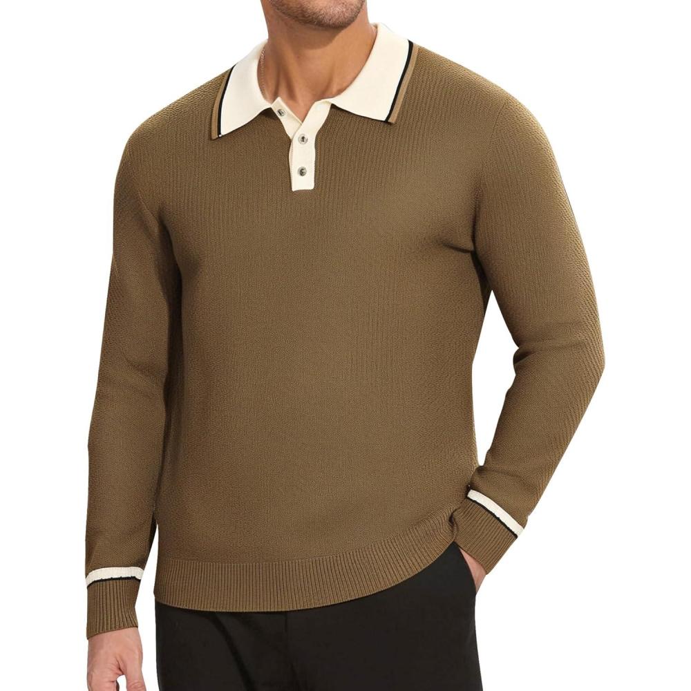 imageAlex Vando Mens Knit Polo Shirts Long Sleeve Sweater Casual Fashion Classic Button Down Polo ShirtsBrown