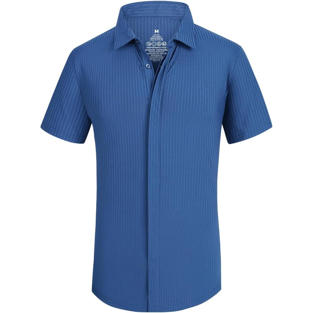 imageAlex Vando Mens Knitted Dress Shirts 8Way Stretch Easy Care Solid Short Sleeve Shirt for Men62 Royal