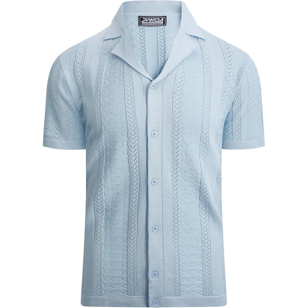 imageAlex Vando Mens Knitted Dress Shirts 8Way Stretch Easy Care Solid Short Sleeve Shirt for MenHerringbone Blue