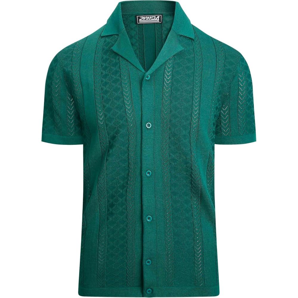 imageAlex Vando Mens Knitted Dress Shirts 8Way Stretch Easy Care Solid Short Sleeve Shirt for MenHerringbone Green