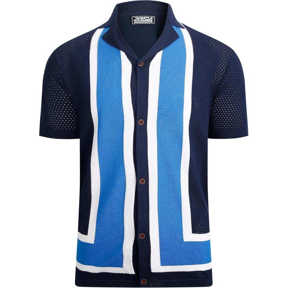 imageAlex Vando Mens Knitted Dress Shirts 8Way Stretch Easy Care Solid Short Sleeve Shirt for MenNavyblue