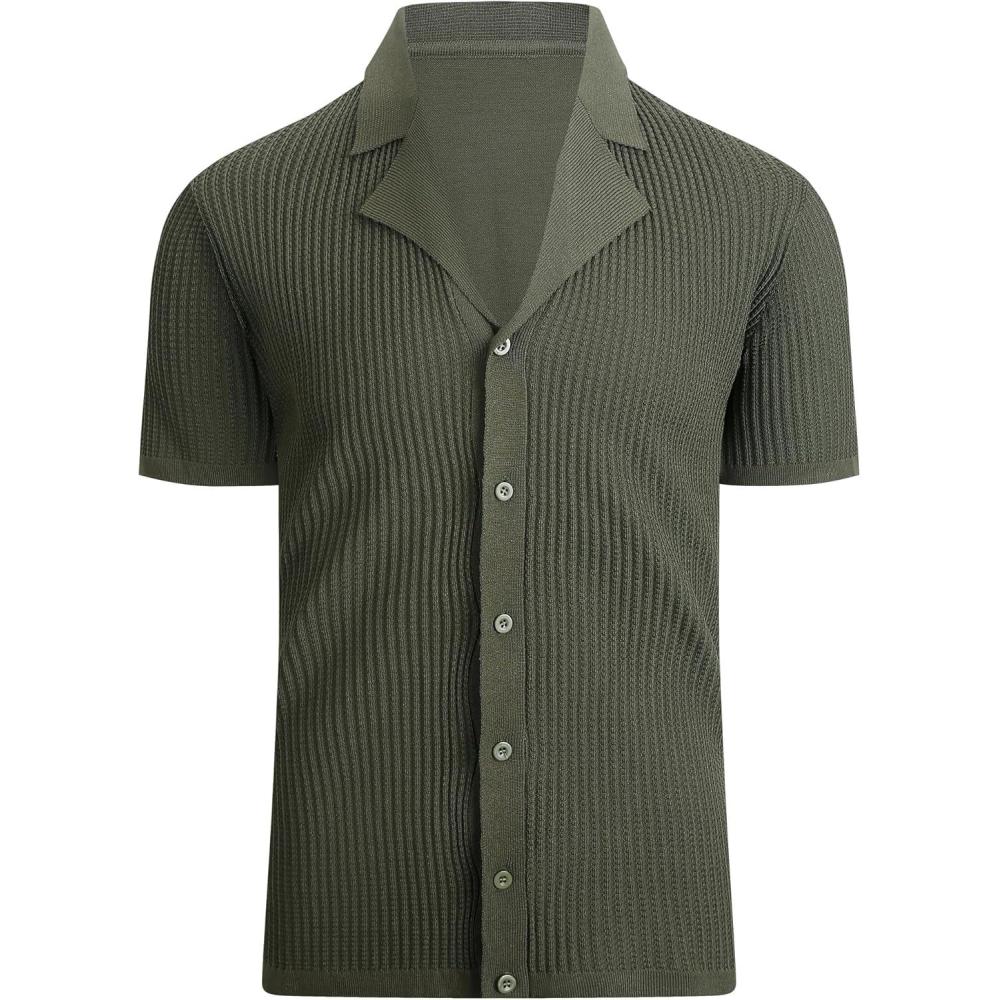 imageAlex Vando Mens Knitted Dress Shirts 8Way Stretch Easy Care Solid Short Sleeve Shirt for MenStripe Army