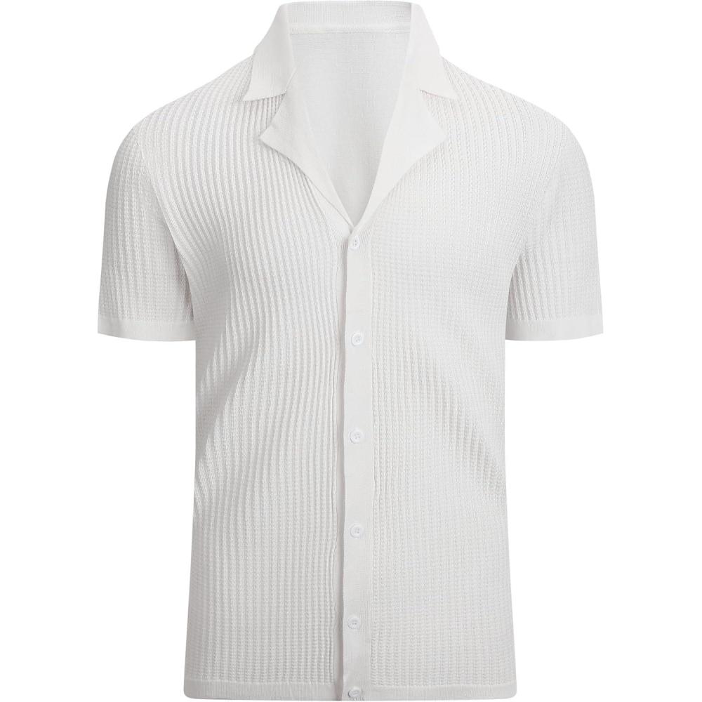 imageAlex Vando Mens Knitted Dress Shirts 8Way Stretch Easy Care Solid Short Sleeve Shirt for MenStripe White