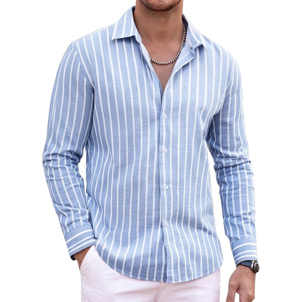 imageAlex Vando Mens Linen Long Sleeve Casual Button Down Shirt for Men Beach Wedding ShirtsBlue
