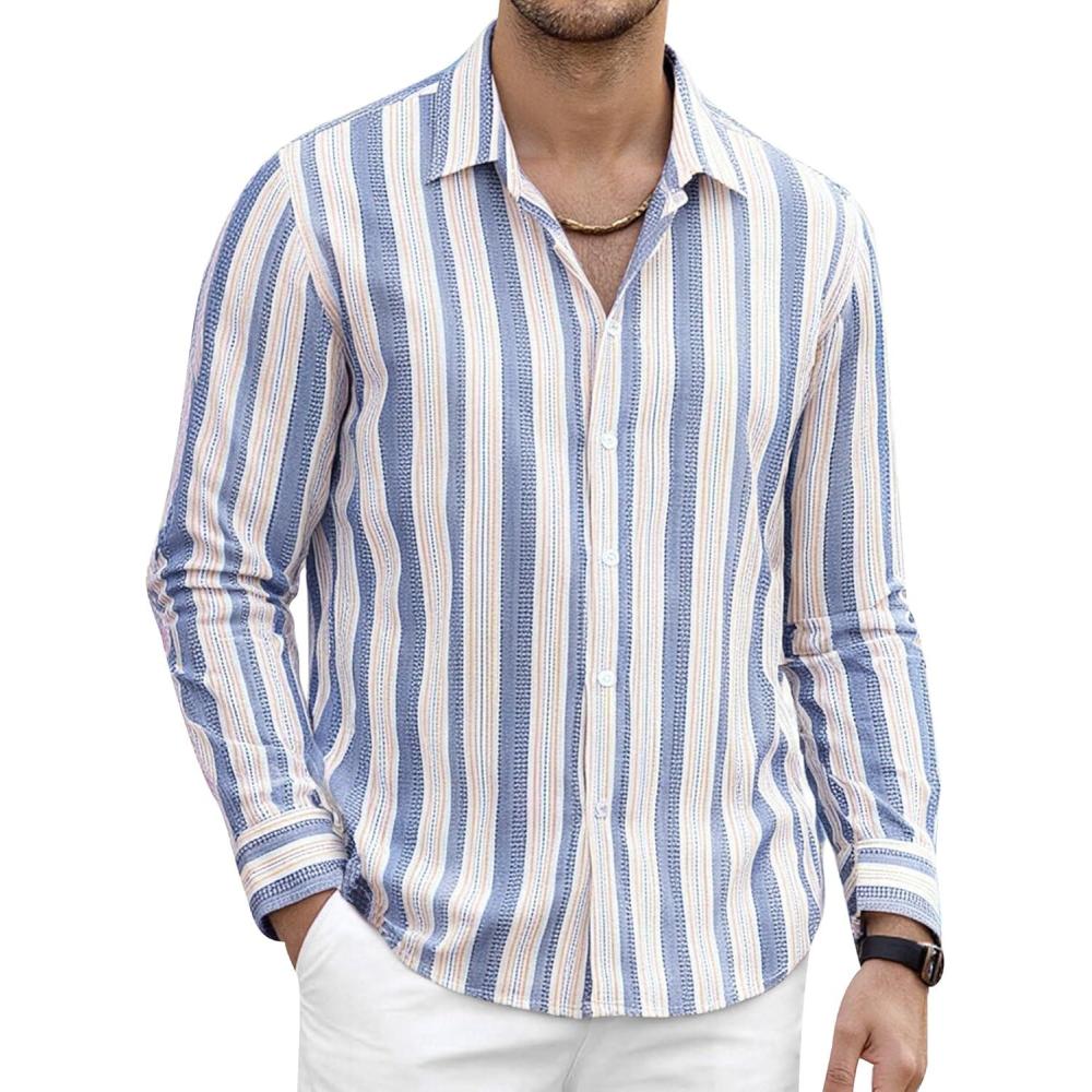 imageAlex Vando Mens Linen Long Sleeve Casual Button Down Shirt for Men Beach Wedding ShirtsBlueyellow