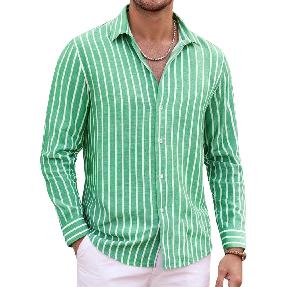 imageAlex Vando Mens Linen Long Sleeve Casual Button Down Shirt for Men Beach Wedding ShirtsGreen