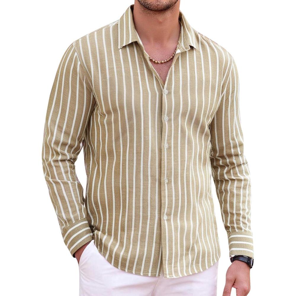 imageAlex Vando Mens Linen Long Sleeve Casual Button Down Shirt for Men Beach Wedding ShirtsKhaki
