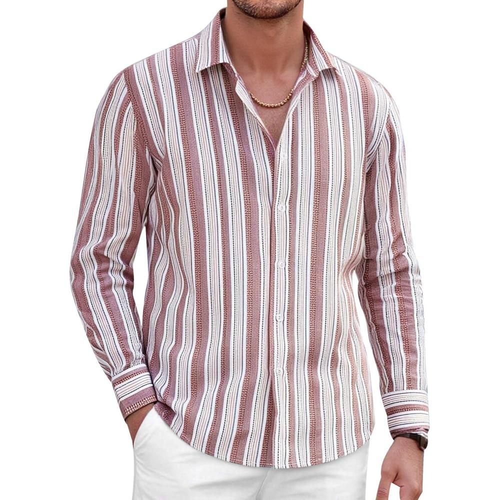 imageAlex Vando Mens Linen Long Sleeve Casual Button Down Shirt for Men Beach Wedding ShirtsRedwhite