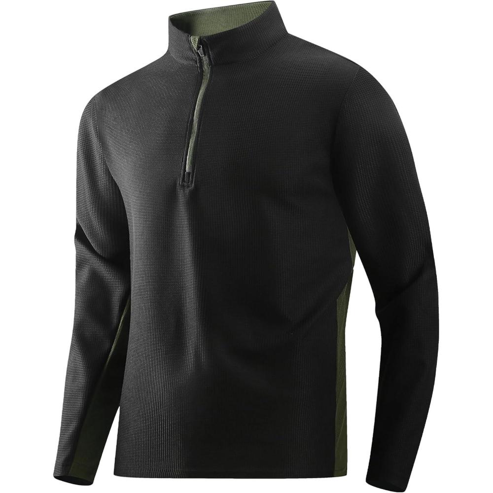 imageAlex Vando Mens Long Sleeve Zipper Golf Shirts Color Block Texture Polo Shirt for MenBlack