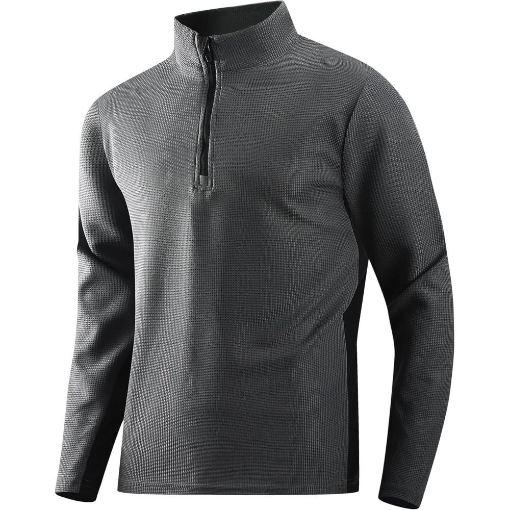 imageAlex Vando Mens Long Sleeve Zipper Golf Shirts Color Block Texture Polo Shirt for MenDark Grey
