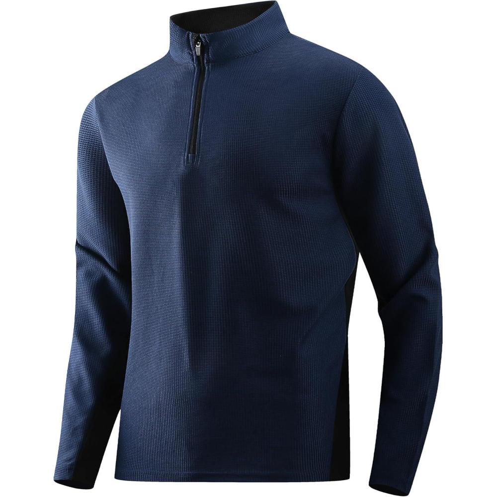 imageAlex Vando Mens Long Sleeve Zipper Golf Shirts Color Block Texture Polo Shirt for MenNavy