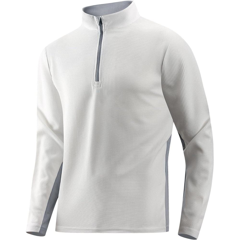 imageAlex Vando Mens Long Sleeve Zipper Golf Shirts Color Block Texture Polo Shirt for MenWhite