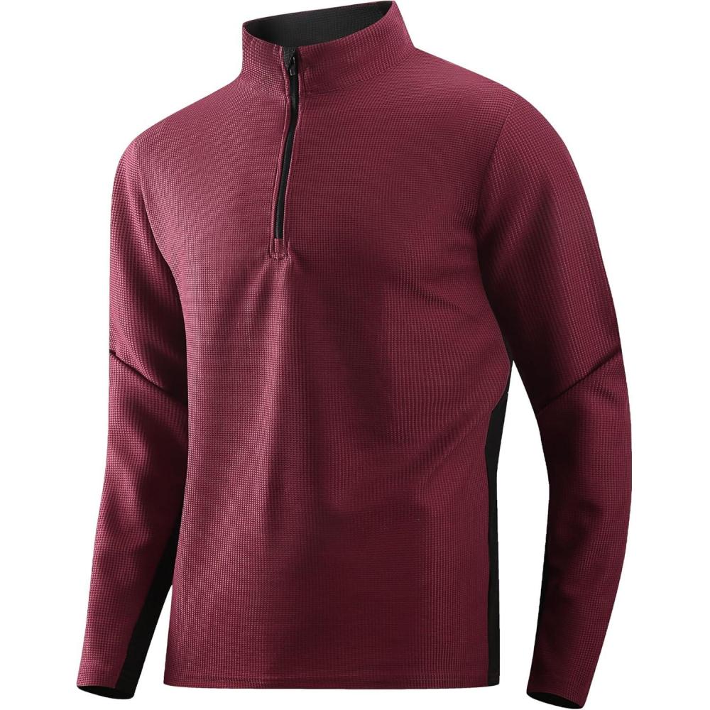 imageAlex Vando Mens Long Sleeve Zipper Golf Shirts Color Block Texture Polo Shirt for MenWine