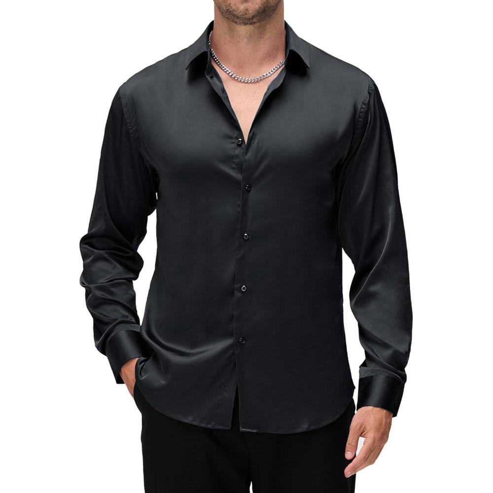 imageAlex Vando Mens Luxury Satin Dress Shirt Long Sleeve Silk Shiny Sateen Party ShirtBlack