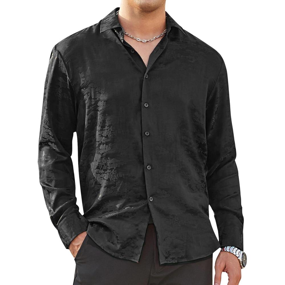 imageAlex Vando Mens Luxury Satin Dress Shirt Long Sleeve Silk Shiny Sateen Party ShirtBlack Jacquard