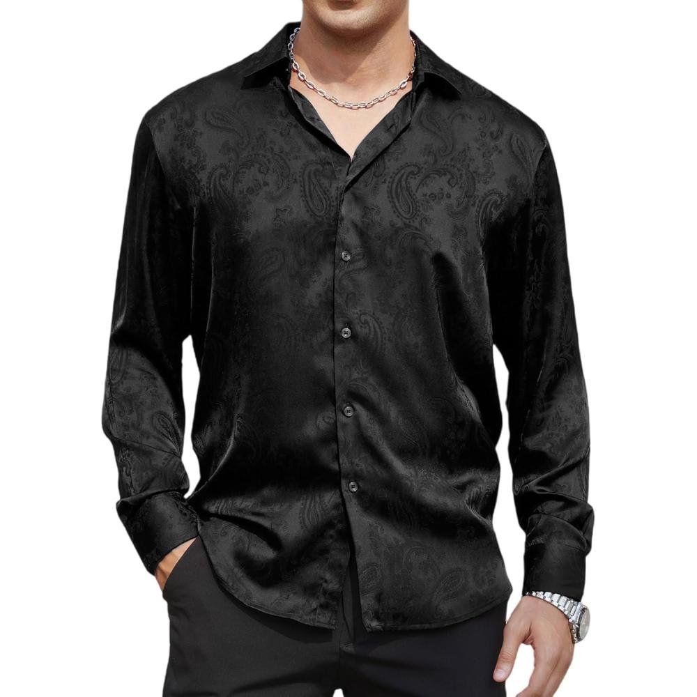 imageAlex Vando Mens Luxury Satin Dress Shirt Long Sleeve Silk Shiny Sateen Party ShirtBlack Paisley