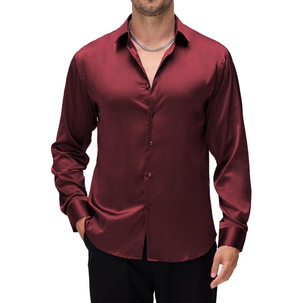 imageAlex Vando Mens Luxury Satin Dress Shirt Long Sleeve Silk Shiny Sateen Party ShirtBurgundy