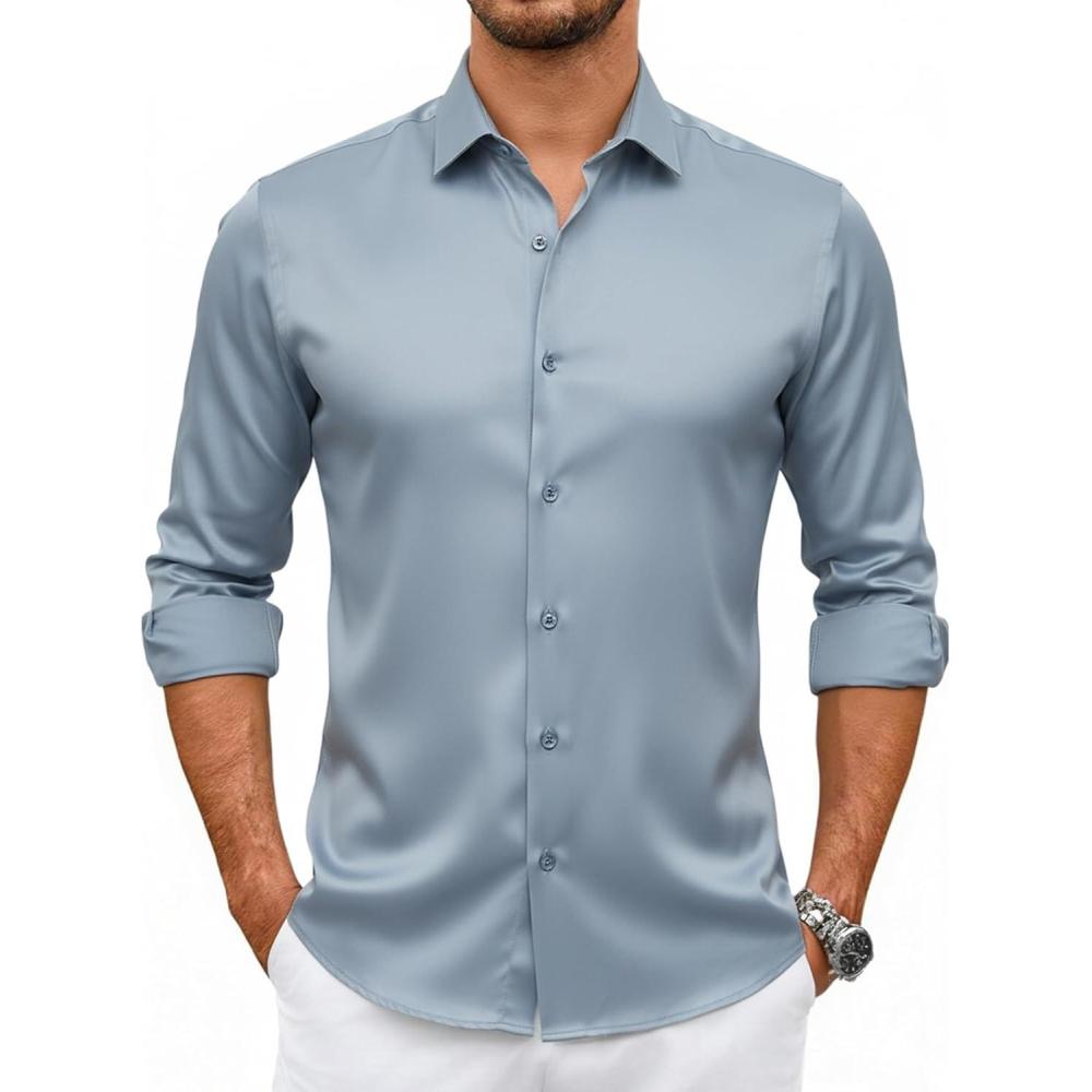 imageAlex Vando Mens Luxury Satin Dress Shirt Long Sleeve Silk Shiny Sateen Party ShirtDusty Blue