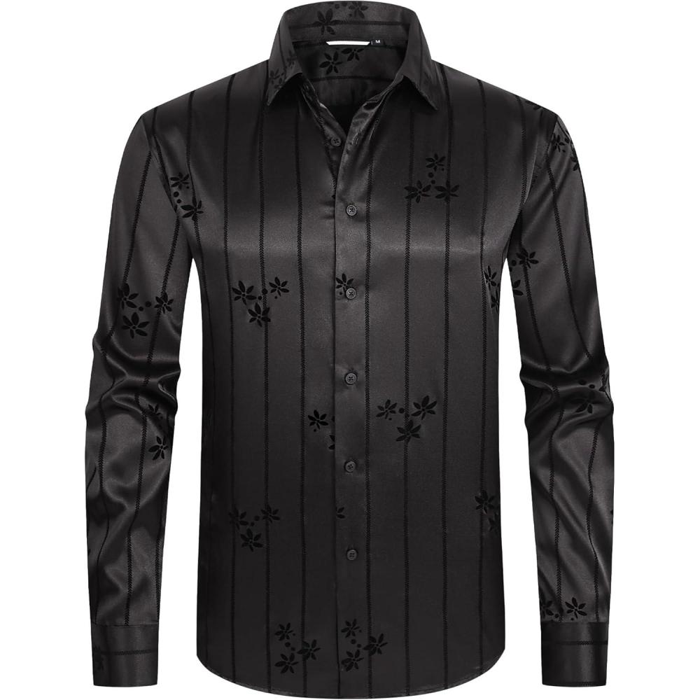 imageAlex Vando Mens Luxury Satin Dress Shirt Long Sleeve Silk Shiny Sateen Party ShirtFlower Black