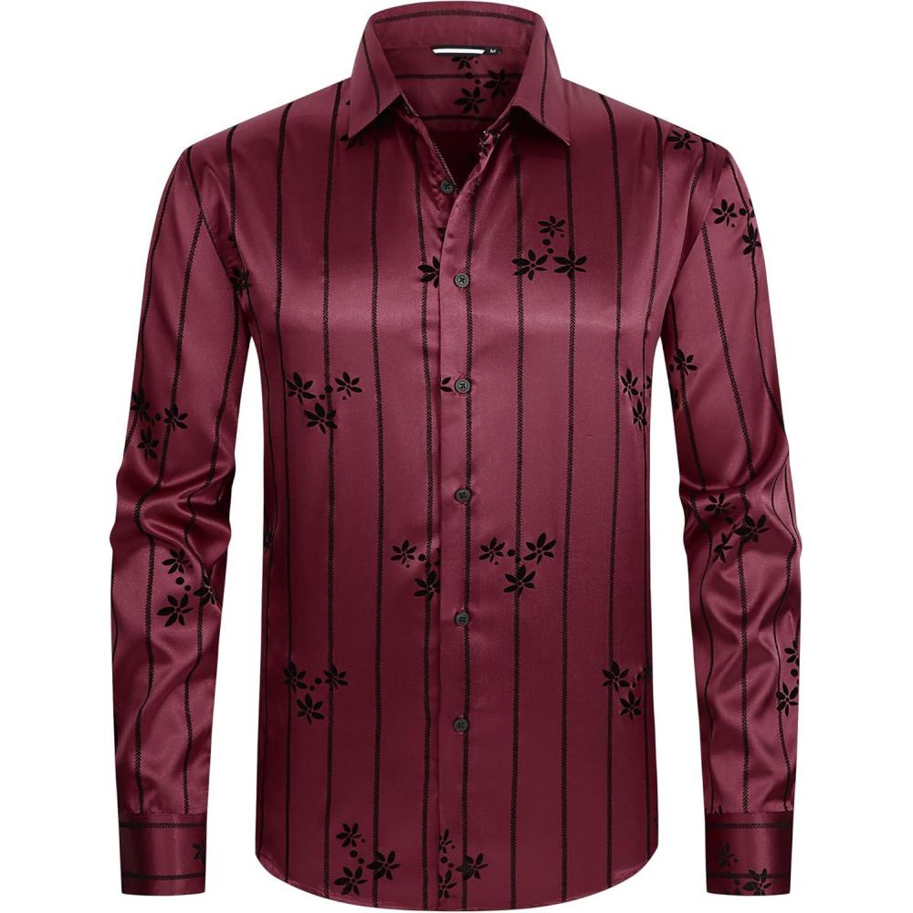 imageAlex Vando Mens Luxury Satin Dress Shirt Long Sleeve Silk Shiny Sateen Party ShirtFlower Burgundy