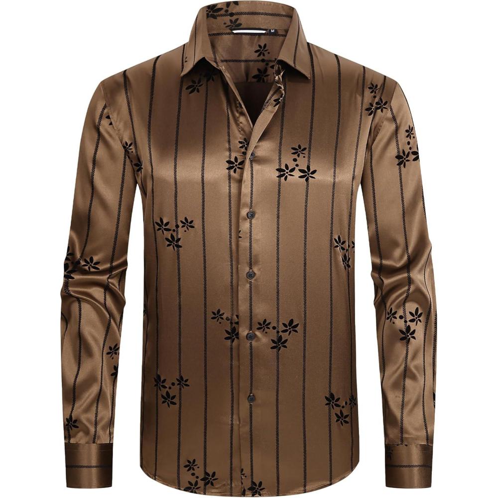 imageAlex Vando Mens Luxury Satin Dress Shirt Long Sleeve Silk Shiny Sateen Party ShirtFlower Coffee
