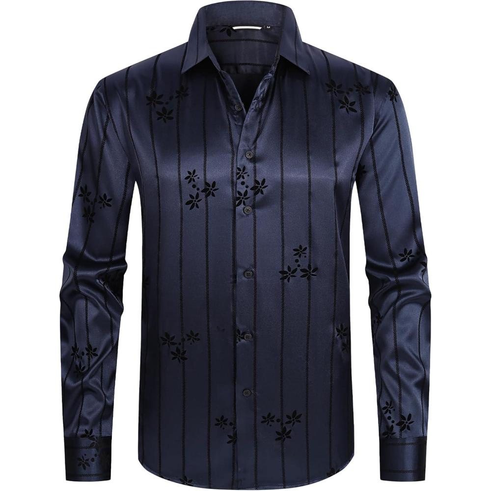 imageAlex Vando Mens Luxury Satin Dress Shirt Long Sleeve Silk Shiny Sateen Party ShirtFlower Navy