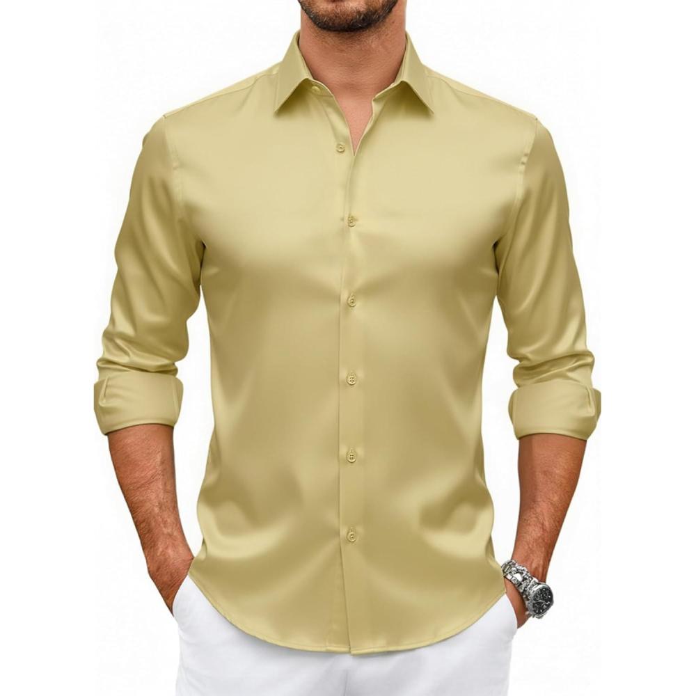 imageAlex Vando Mens Luxury Satin Dress Shirt Long Sleeve Silk Shiny Sateen Party ShirtGold