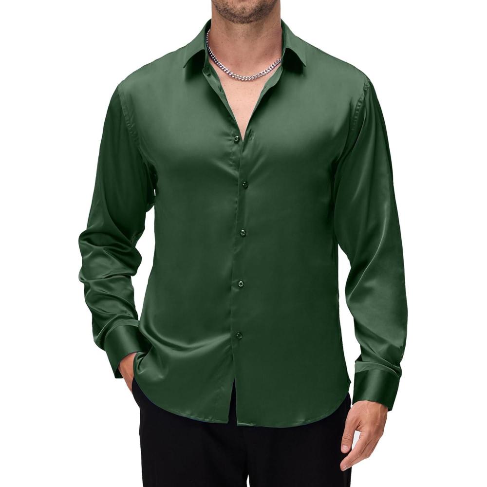 imageAlex Vando Mens Luxury Satin Dress Shirt Long Sleeve Silk Shiny Sateen Party ShirtGreen
