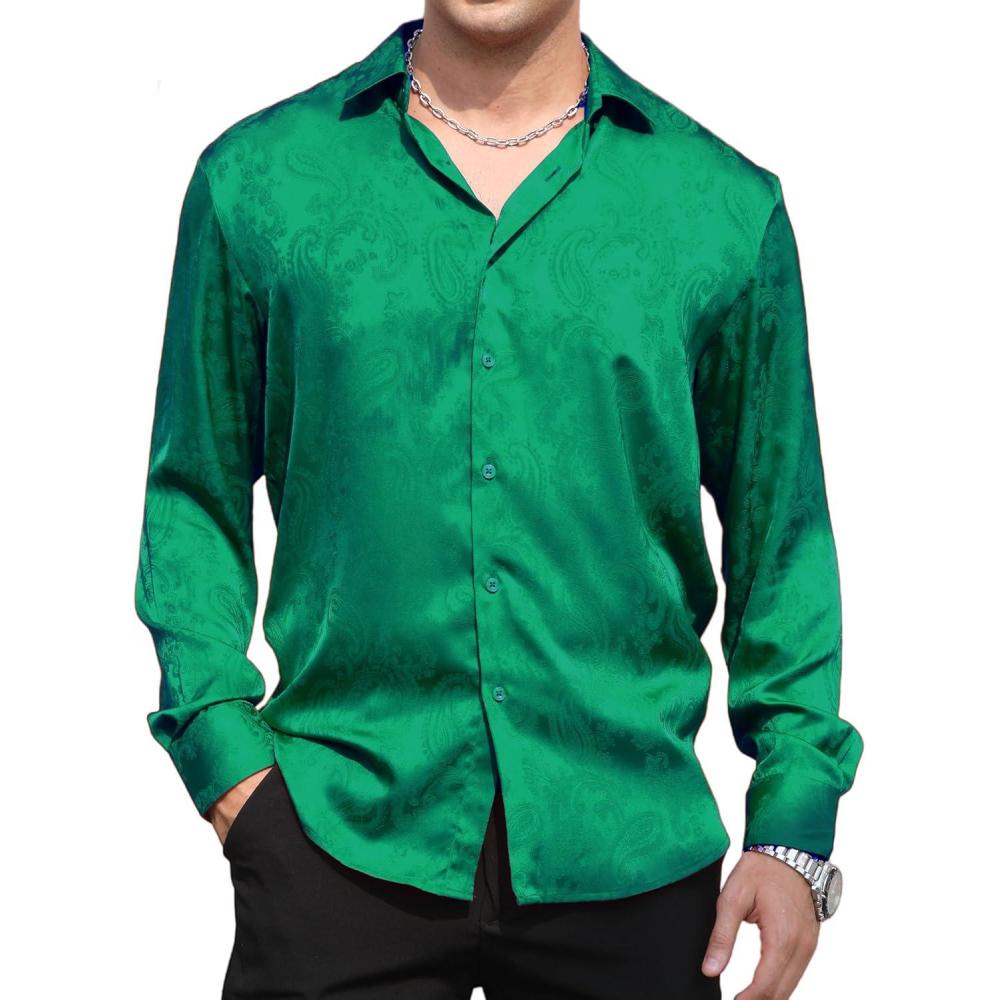 imageAlex Vando Mens Luxury Satin Dress Shirt Long Sleeve Silk Shiny Sateen Party ShirtGreen Paisley