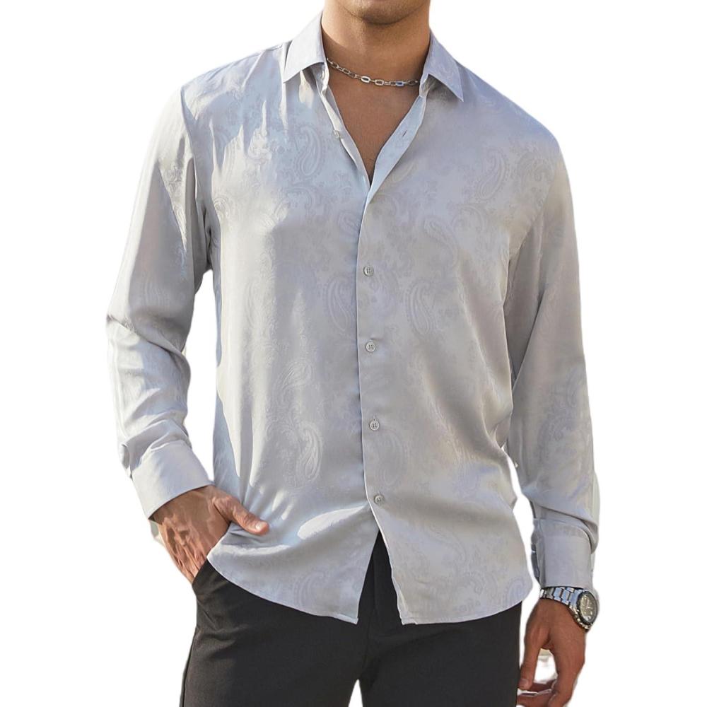 imageAlex Vando Mens Luxury Satin Dress Shirt Long Sleeve Silk Shiny Sateen Party ShirtGrey Paisley