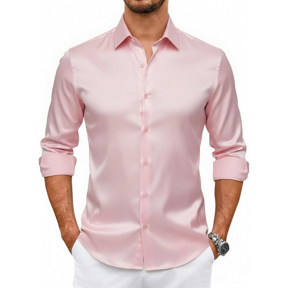 imageAlex Vando Mens Luxury Satin Dress Shirt Long Sleeve Silk Shiny Sateen Party ShirtPink