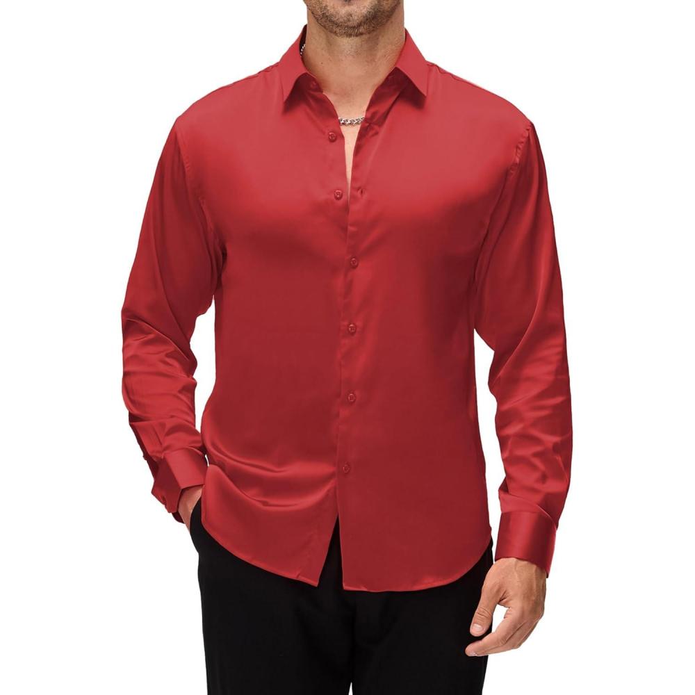imageAlex Vando Mens Luxury Satin Dress Shirt Long Sleeve Silk Shiny Sateen Party ShirtRed