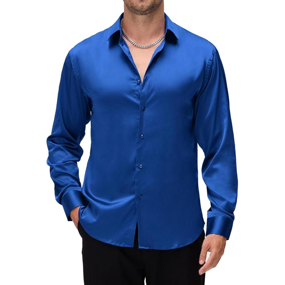 imageAlex Vando Mens Luxury Satin Dress Shirt Long Sleeve Silk Shiny Sateen Party ShirtRoyal