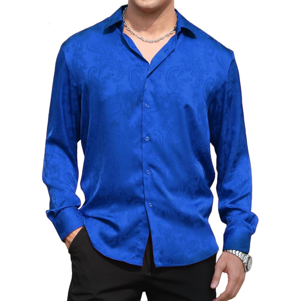 imageAlex Vando Mens Luxury Satin Dress Shirt Long Sleeve Silk Shiny Sateen Party ShirtRoyal Paisley