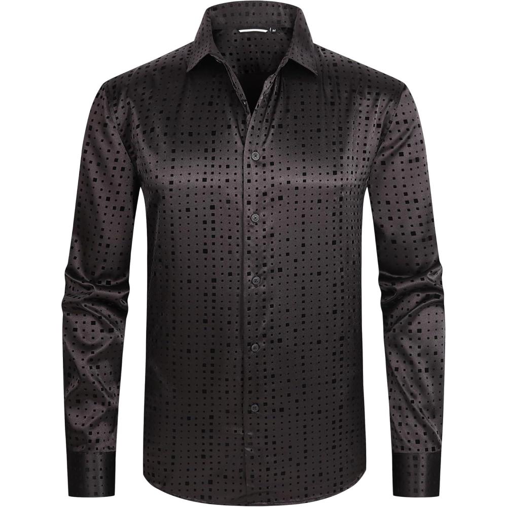 imageAlex Vando Mens Luxury Satin Dress Shirt Long Sleeve Silk Shiny Sateen Party ShirtSquare Black