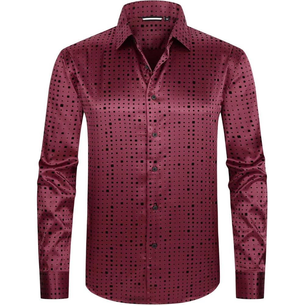 imageAlex Vando Mens Luxury Satin Dress Shirt Long Sleeve Silk Shiny Sateen Party ShirtSquare Burgundy