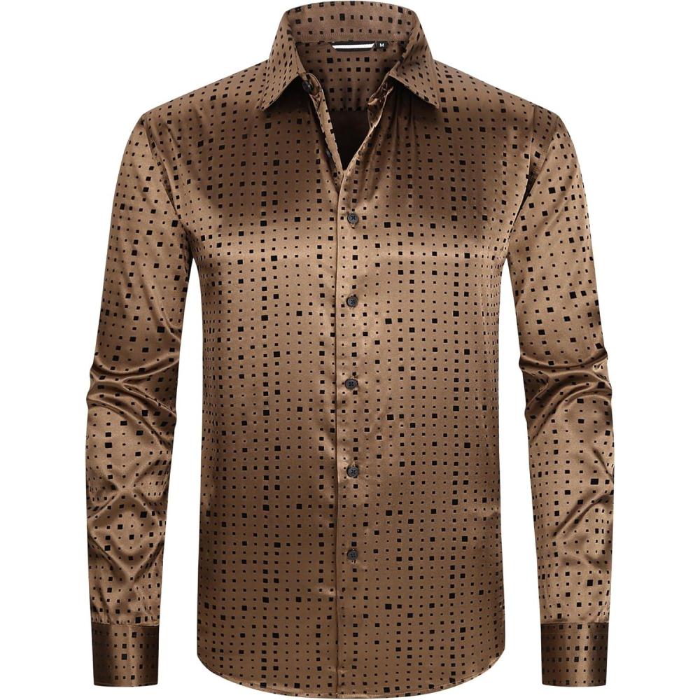 imageAlex Vando Mens Luxury Satin Dress Shirt Long Sleeve Silk Shiny Sateen Party ShirtSquare Coffee