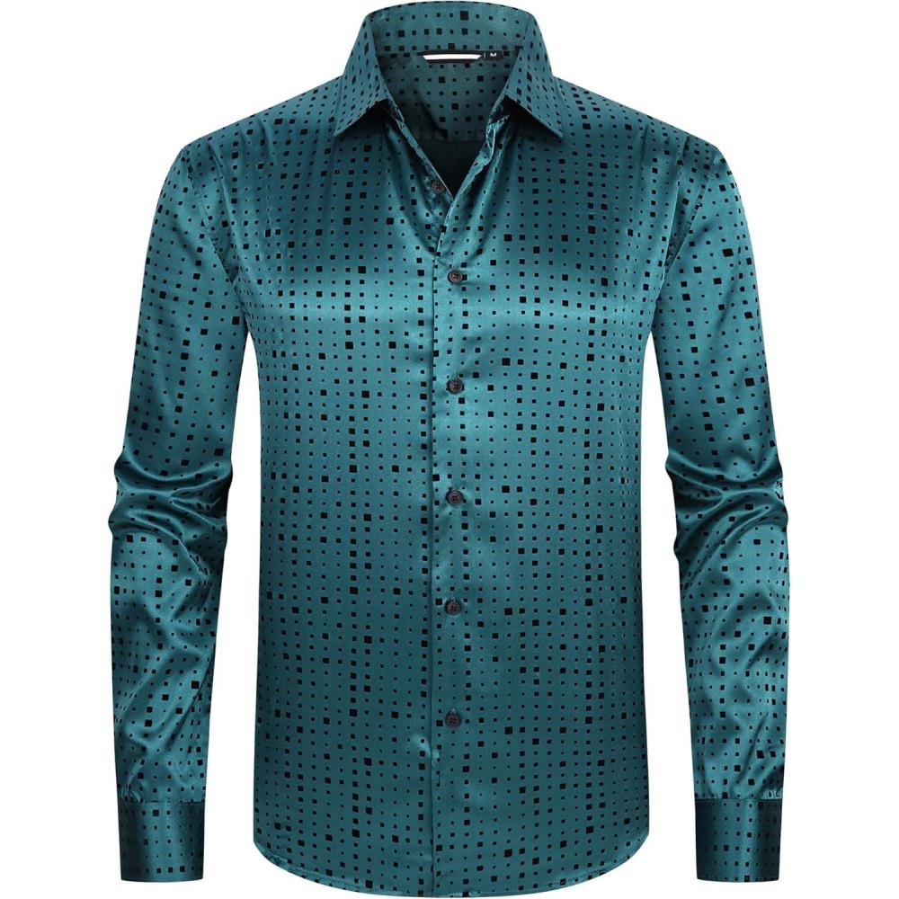 imageAlex Vando Mens Luxury Satin Dress Shirt Long Sleeve Silk Shiny Sateen Party ShirtSquare Green