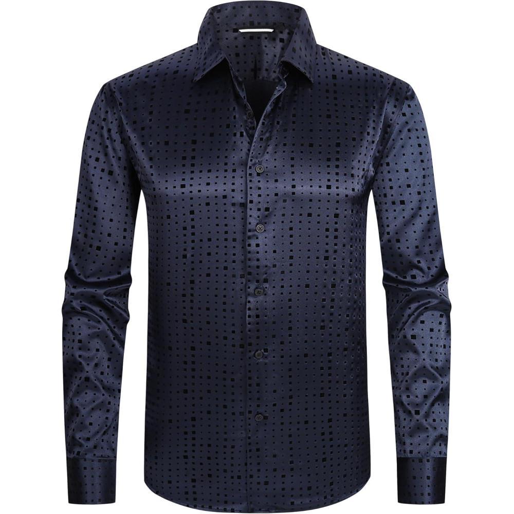 imageAlex Vando Mens Luxury Satin Dress Shirt Long Sleeve Silk Shiny Sateen Party ShirtSquare Navy
