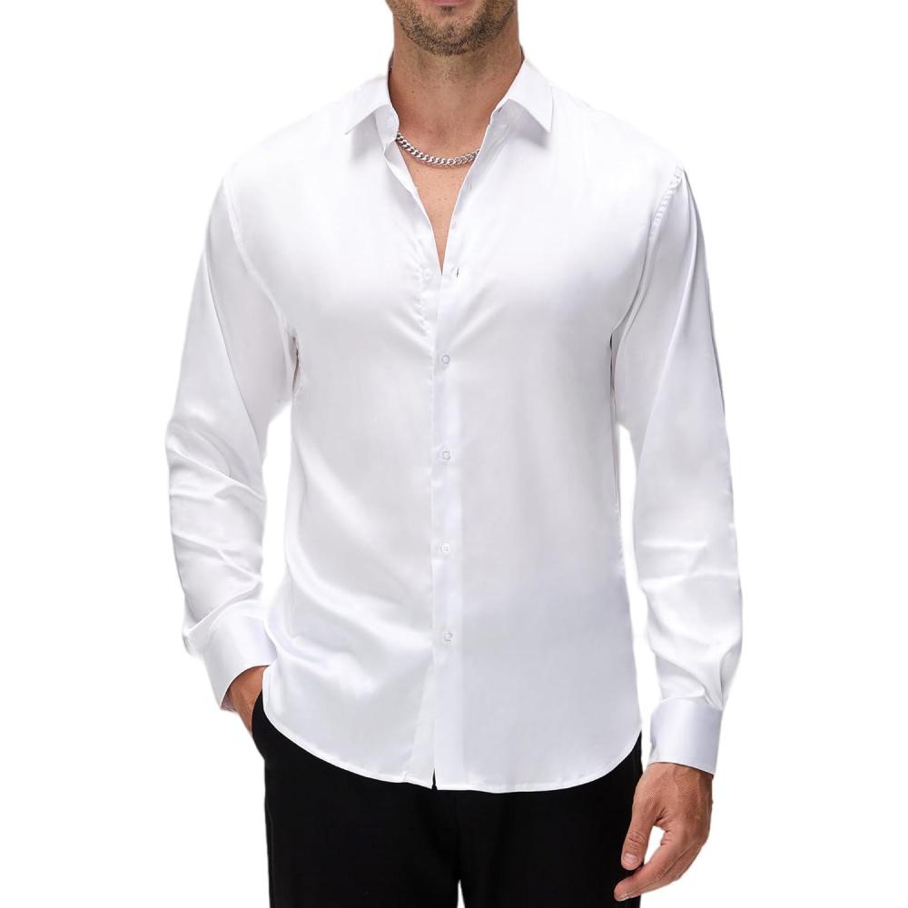 imageAlex Vando Mens Luxury Satin Dress Shirt Long Sleeve Silk Shiny Sateen Party ShirtWhite