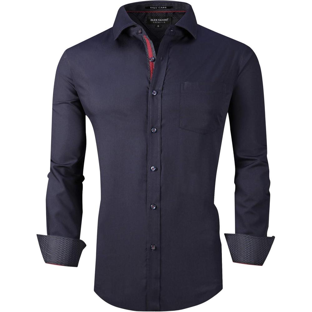 imageAlex Vando Mens Rayon Dress Shirts Wrinkle Free Regular Fit Stretch Button Down ShirtNavy