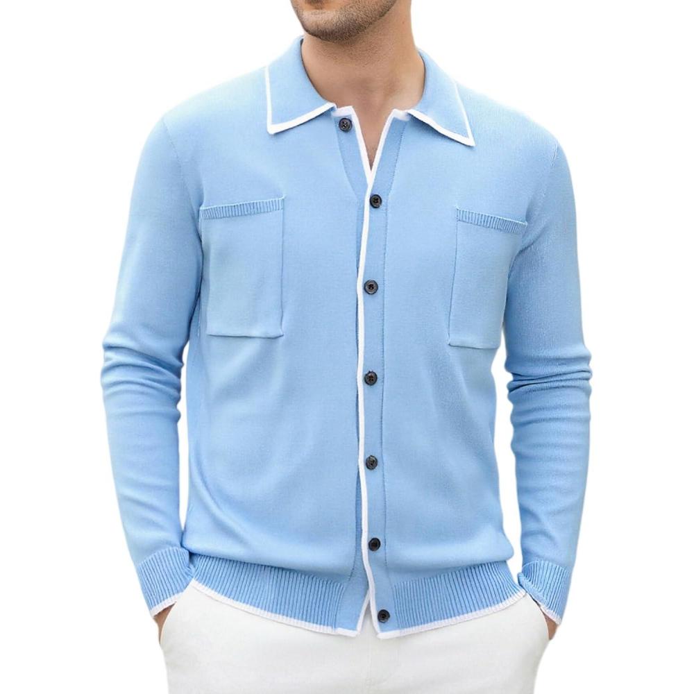 imageAlex Vando Mens Retro Cardigan Shirts Long Sleeve Two Pockets Knit Casual Button Down Shirts for MenBlue