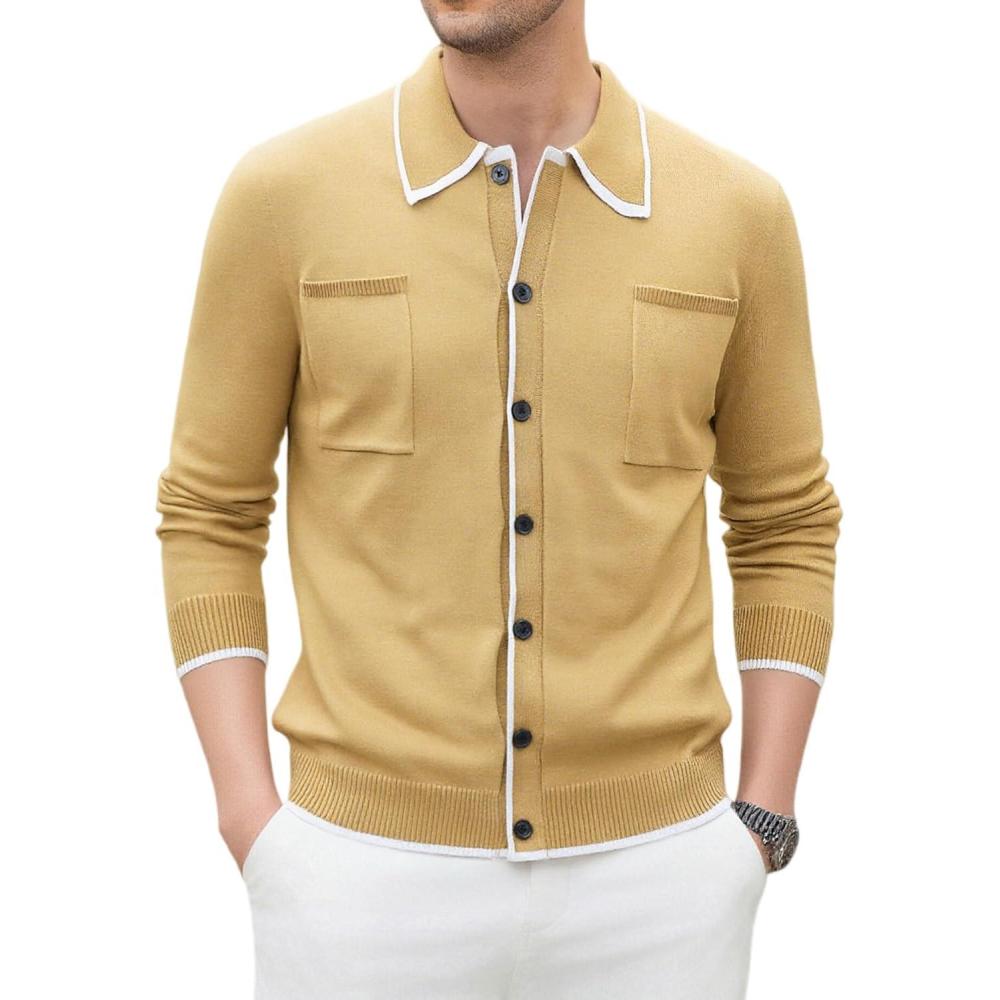 imageAlex Vando Mens Retro Cardigan Shirts Long Sleeve Two Pockets Knit Casual Button Down Shirts for MenCamel