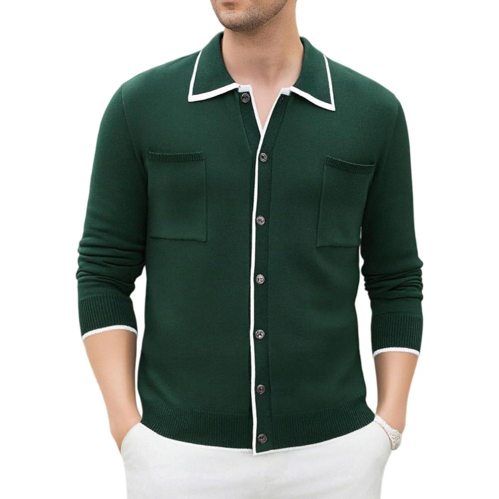 imageAlex Vando Mens Retro Cardigan Shirts Long Sleeve Two Pockets Knit Casual Button Down Shirts for MenGreen