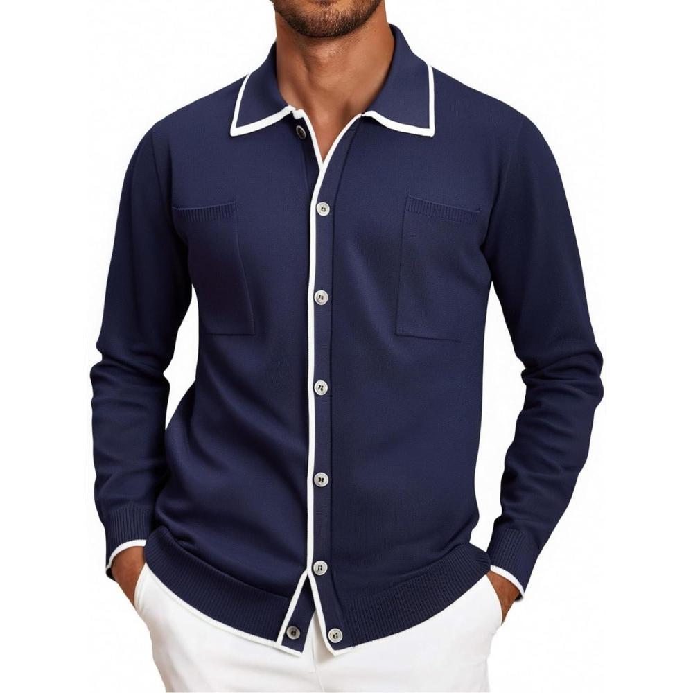 imageAlex Vando Mens Retro Cardigan Shirts Long Sleeve Two Pockets Knit Casual Button Down Shirts for MenRoyal