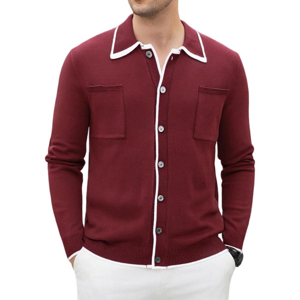 imageAlex Vando Mens Retro Cardigan Shirts Long Sleeve Two Pockets Knit Casual Button Down Shirts for MenWine