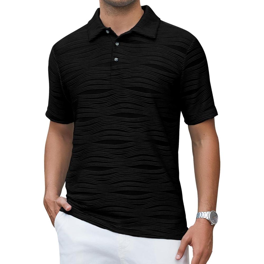 imageAlex Vando Mens Seamless Golf Shirt Moisture Wicking QuickDry Tailored Fit Polo ShirtsBlack Jacquard