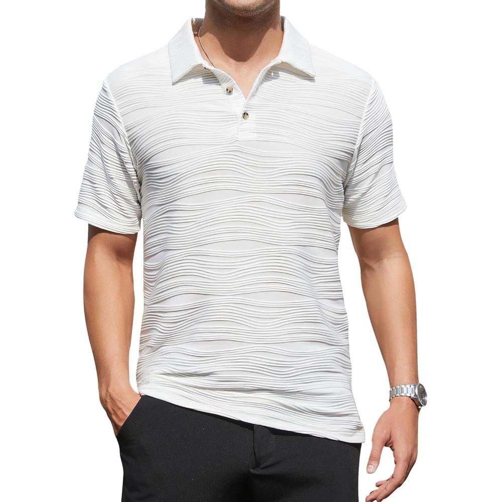 imageAlex Vando Mens Seamless Golf Shirt Moisture Wicking QuickDry Tailored Fit Polo ShirtsWhite Jacquard