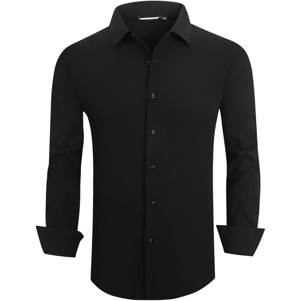 imageAlex Vando Mens Seersucker Dress Shirts Striped Business Casual Cotton Shirts for MenBlack